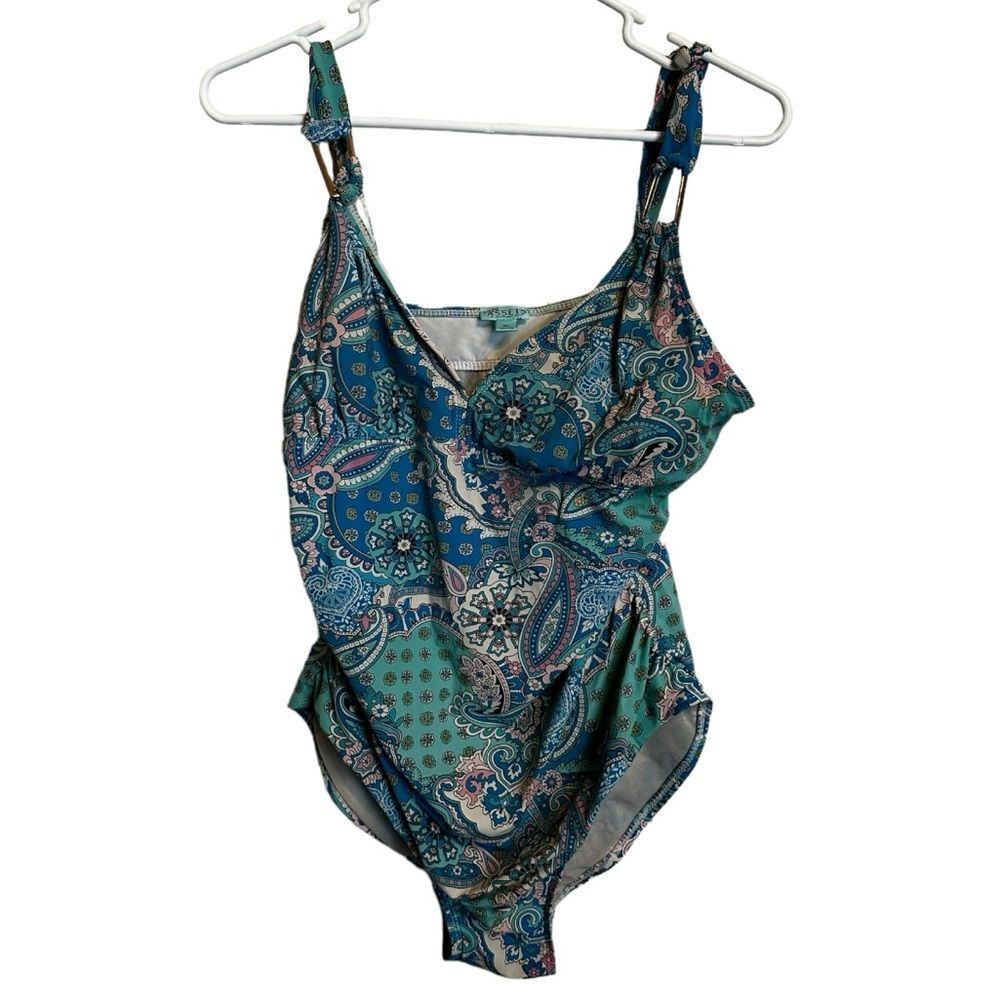 SPANX Women's Teal Blue Paisley One-Piece Swimsuit